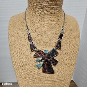 Vintage 80s Geometric Enamel Necklace with Pierced Earrings